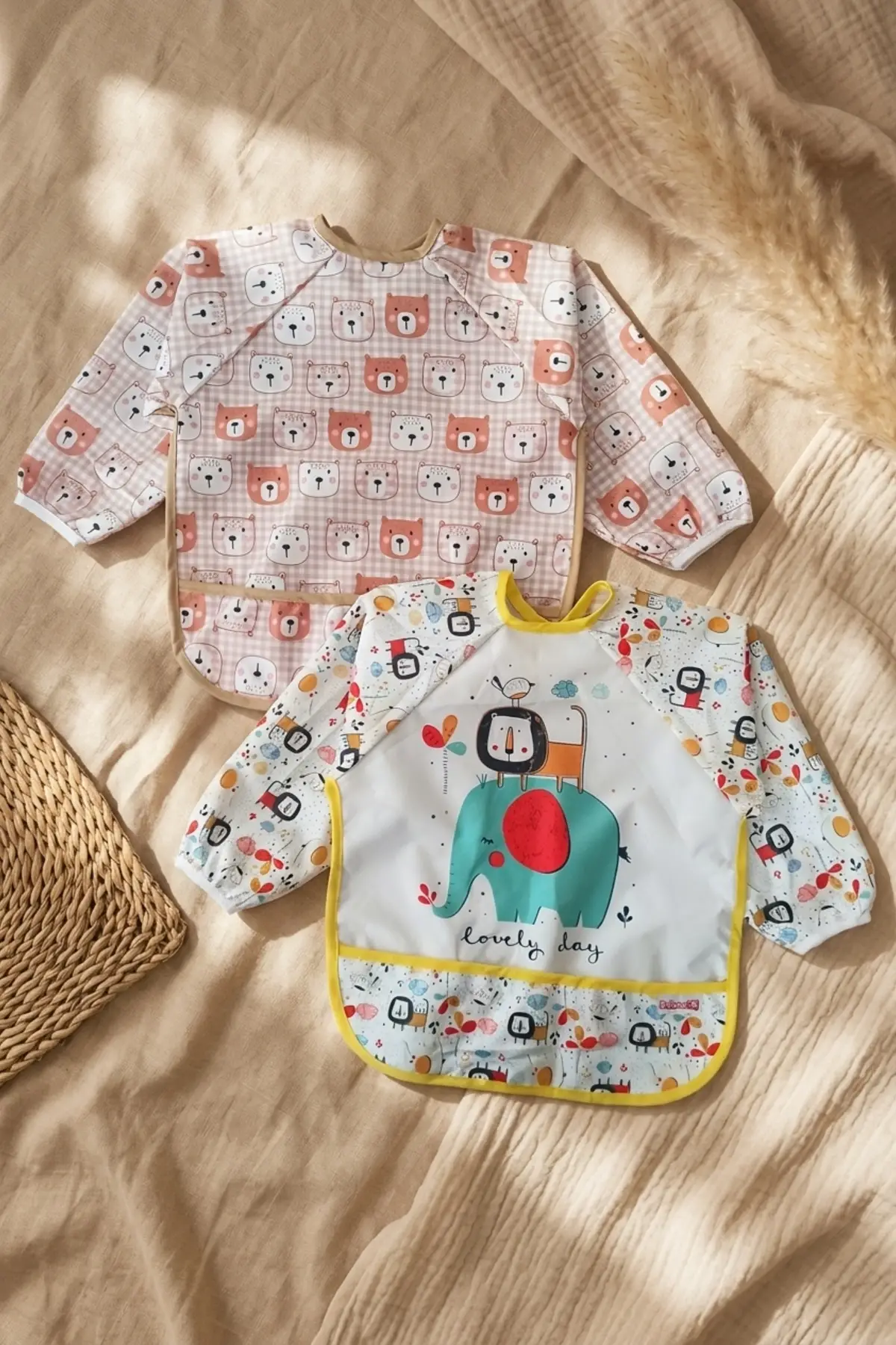2’li Su Geçirmez Uzun Kollu Mama Önlüğü Seti 6-24 Ay - Leke Tutmaz, BLW Uyumlu, Ayıcık ve Safari Desenli Bebek Etkinlik Önlüğü