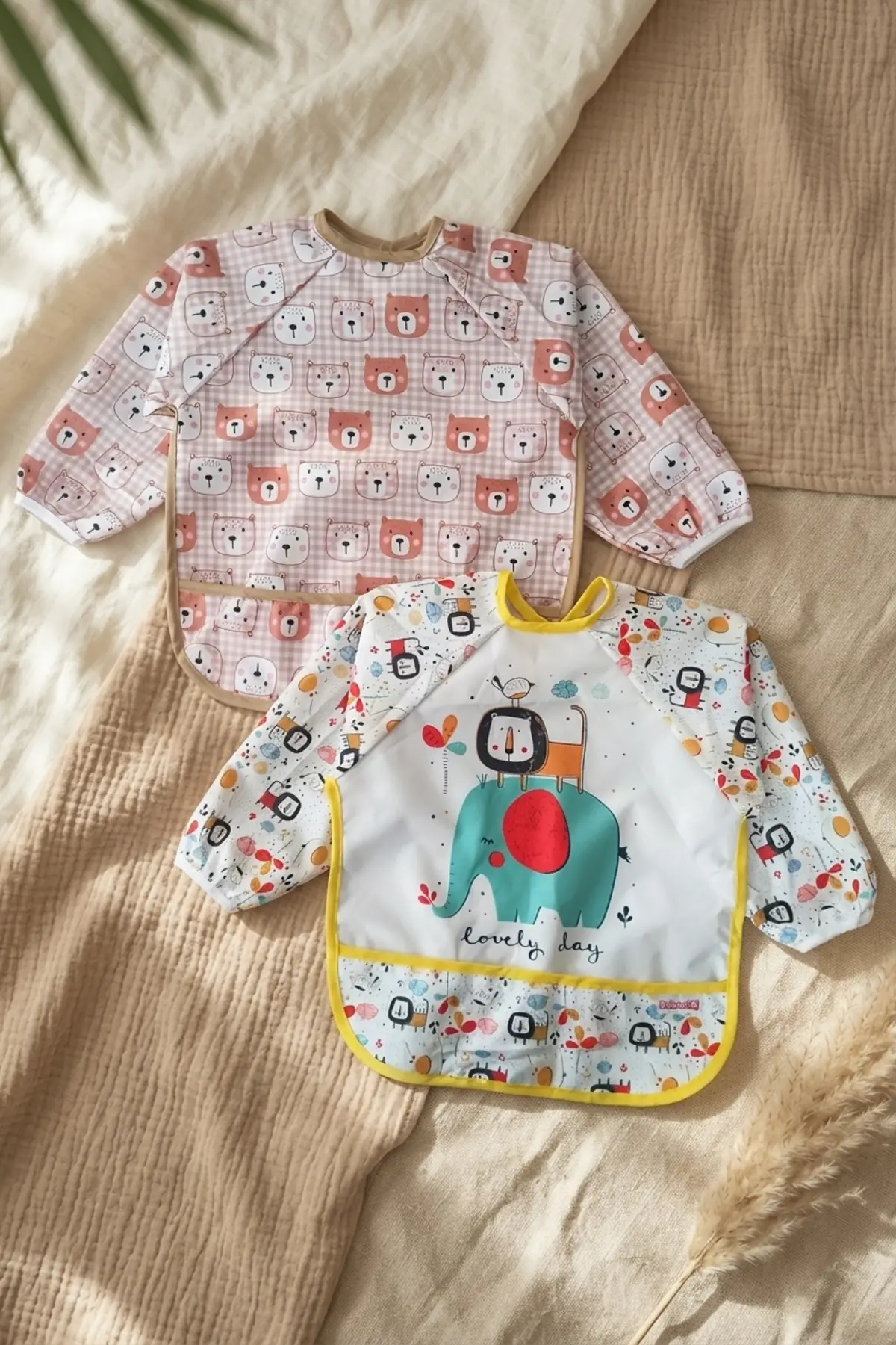 2’li Su Geçirmez Uzun Kollu Mama Önlüğü Seti 6-24 Ay - Leke Tutmaz, BLW Uyumlu, Ayıcık ve Safari Desenli Bebek Etkinlik Önlüğü