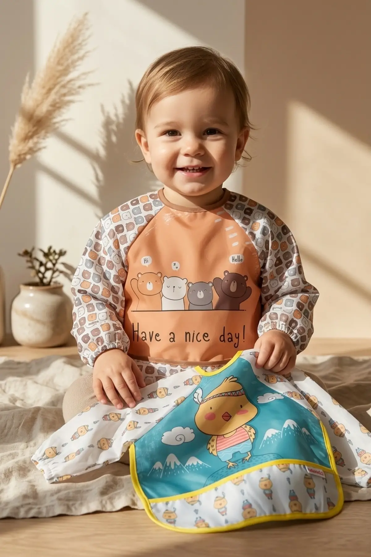 Uzun Kollu Su Geçirmez Bebek Mama Önlüğü 2li Set -6-24 Ay BLW Uyumlu, Leke Tutmaz, Ayıcık ve Civciv Temalı Aktivite Önlüğü