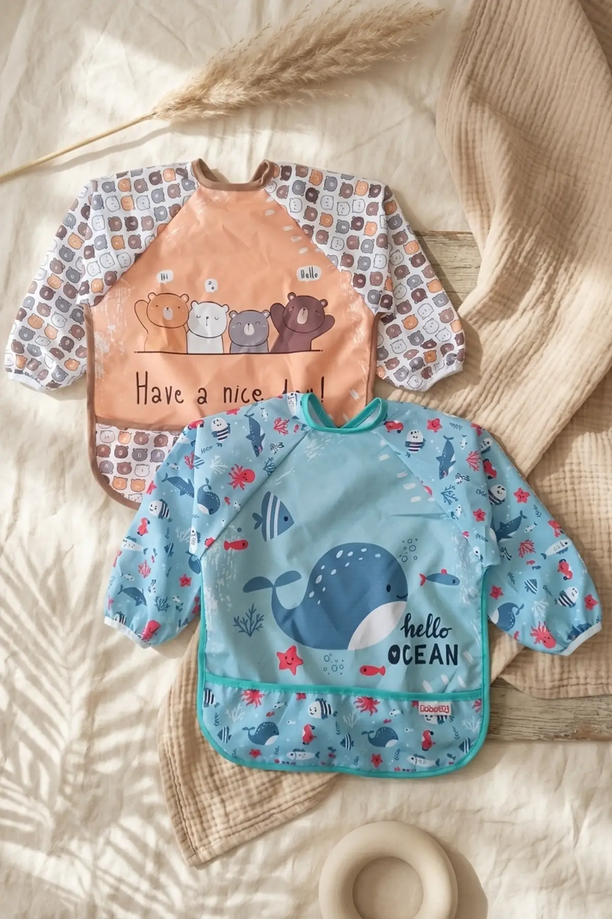 Sıvı Geçirmez Uzun Kollu Bebek Mama Önlüğü - 6-24 Ay BLW Uyumlu Aktivite Önlüğü - Sevimli Ayı ve Balina Temalı