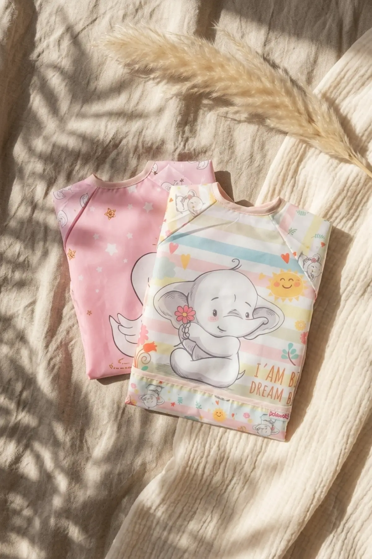 2li Paket Sıvı Geçirmez Uzun Kollu Mama Önlüğü 6-24 Ay - BLW Uyumlu Leke Tutmaz Kırıntı Cepli Bebek Önlüğü Kuğu Pembe Fil Desenli