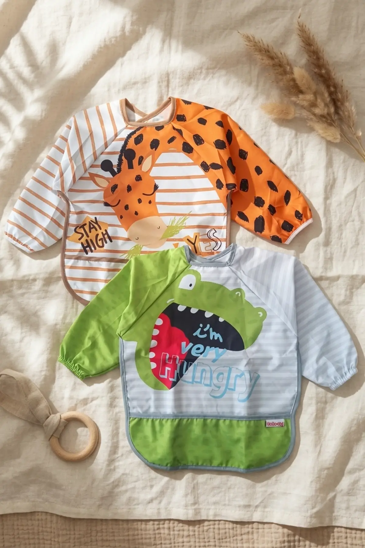 2li Set Su Geçirmez Uzun Kollu Bebek Mama Önlüğü - Leke Tutmaz Zürafa ve Timsah Desenli 6-24 Ay Aktivite Smock Seti