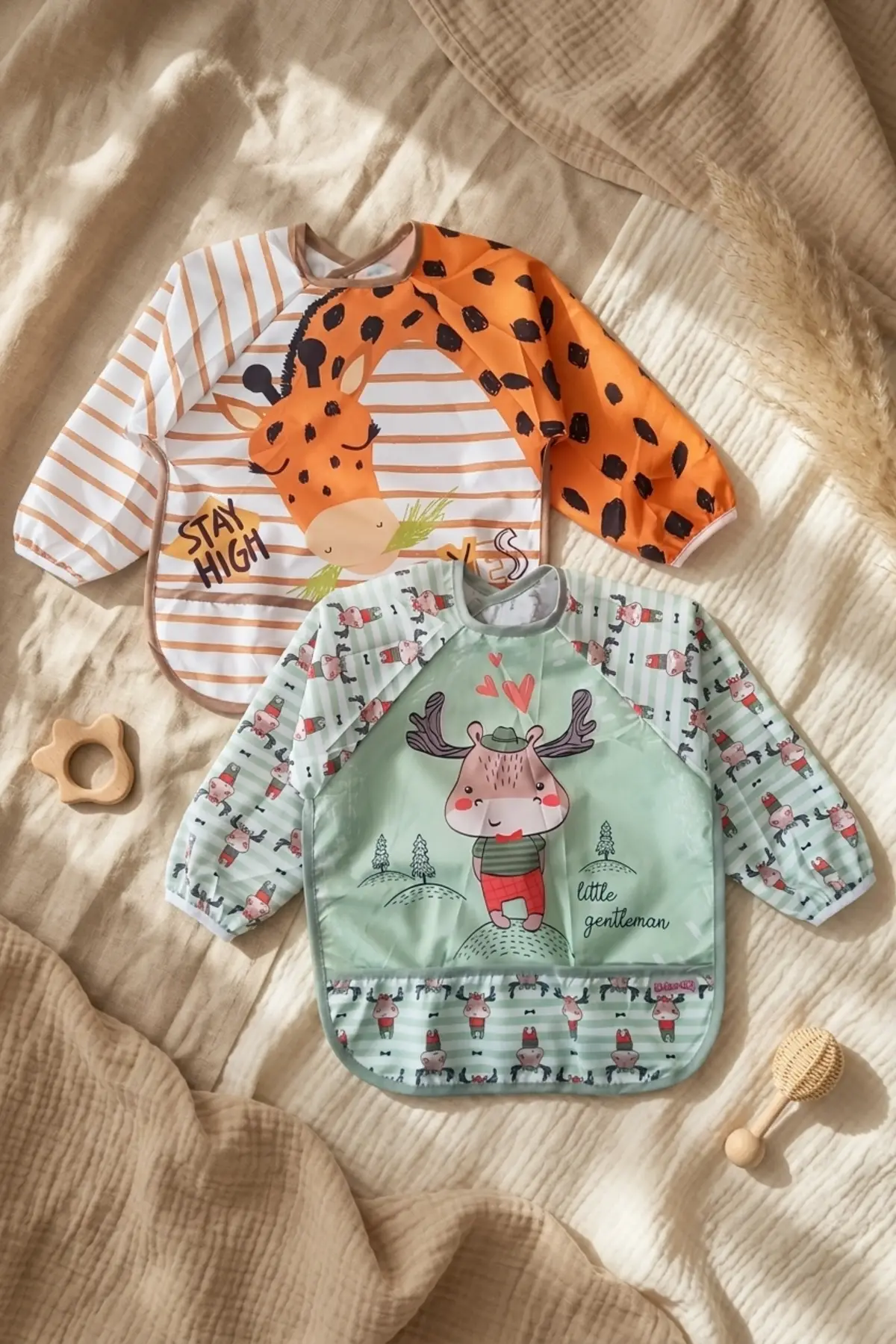 2li Paket Sıvı Geçirmez Uzun Kollu Çocuk Mama Önlüğü 6-24 Ay - BLW Uyumlu, Dökülme Önleyici Cepli, Leke Tutmaz Mama Önlüğü Seti