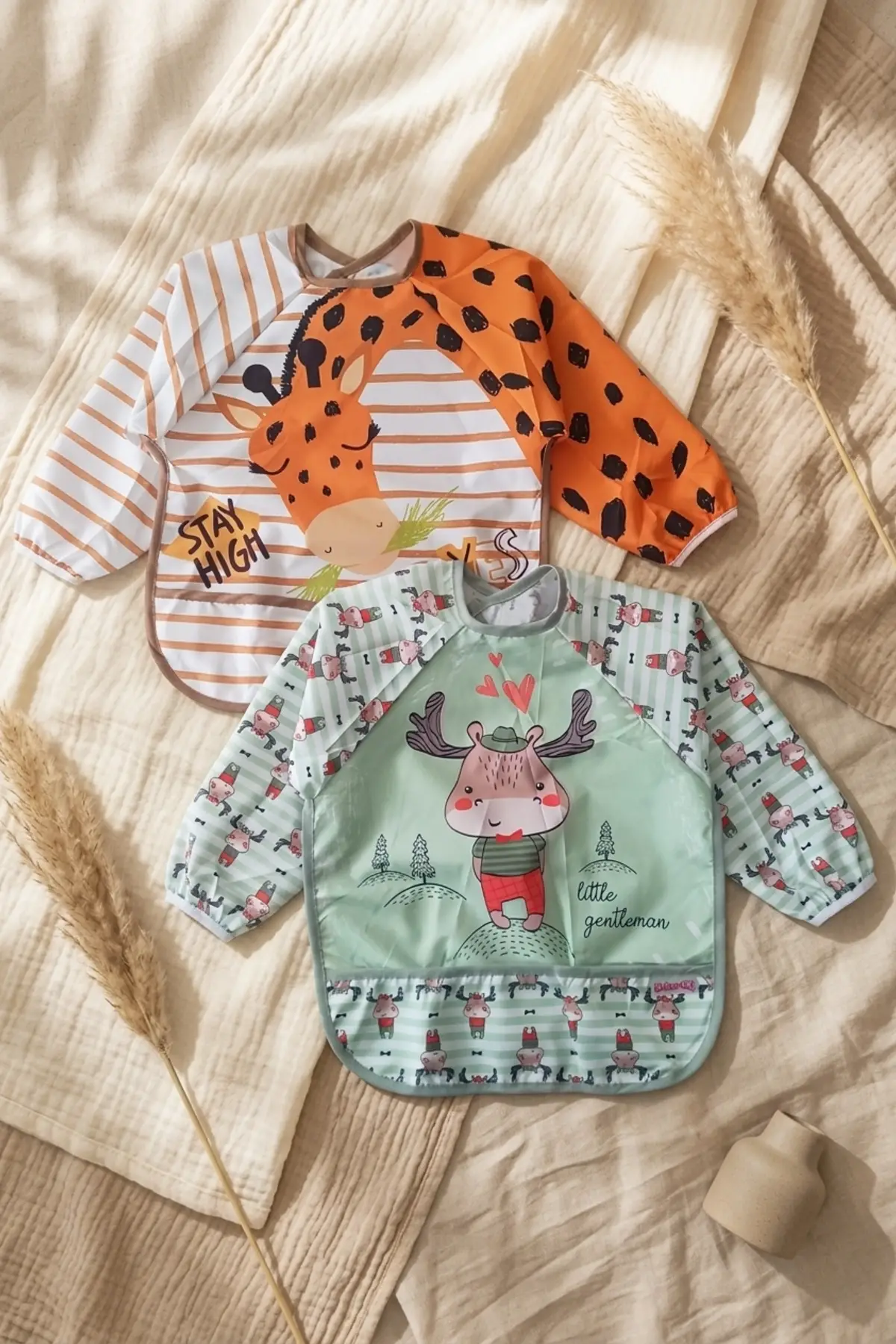 2li Paket Sıvı Geçirmez Uzun Kollu Çocuk Mama Önlüğü 6-24 Ay - BLW Uyumlu, Dökülme Önleyici Cepli, Leke Tutmaz Mama Önlüğü Seti