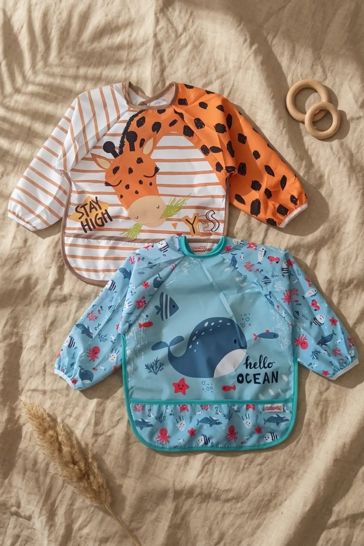 2li Paket Sıvı Geçirmez Uzun Kollu Çocuk Mama Önlüğü 6-24 Ay - Zürafa ve Balina Desenli Leke Tutmaz BLW Önlüğü