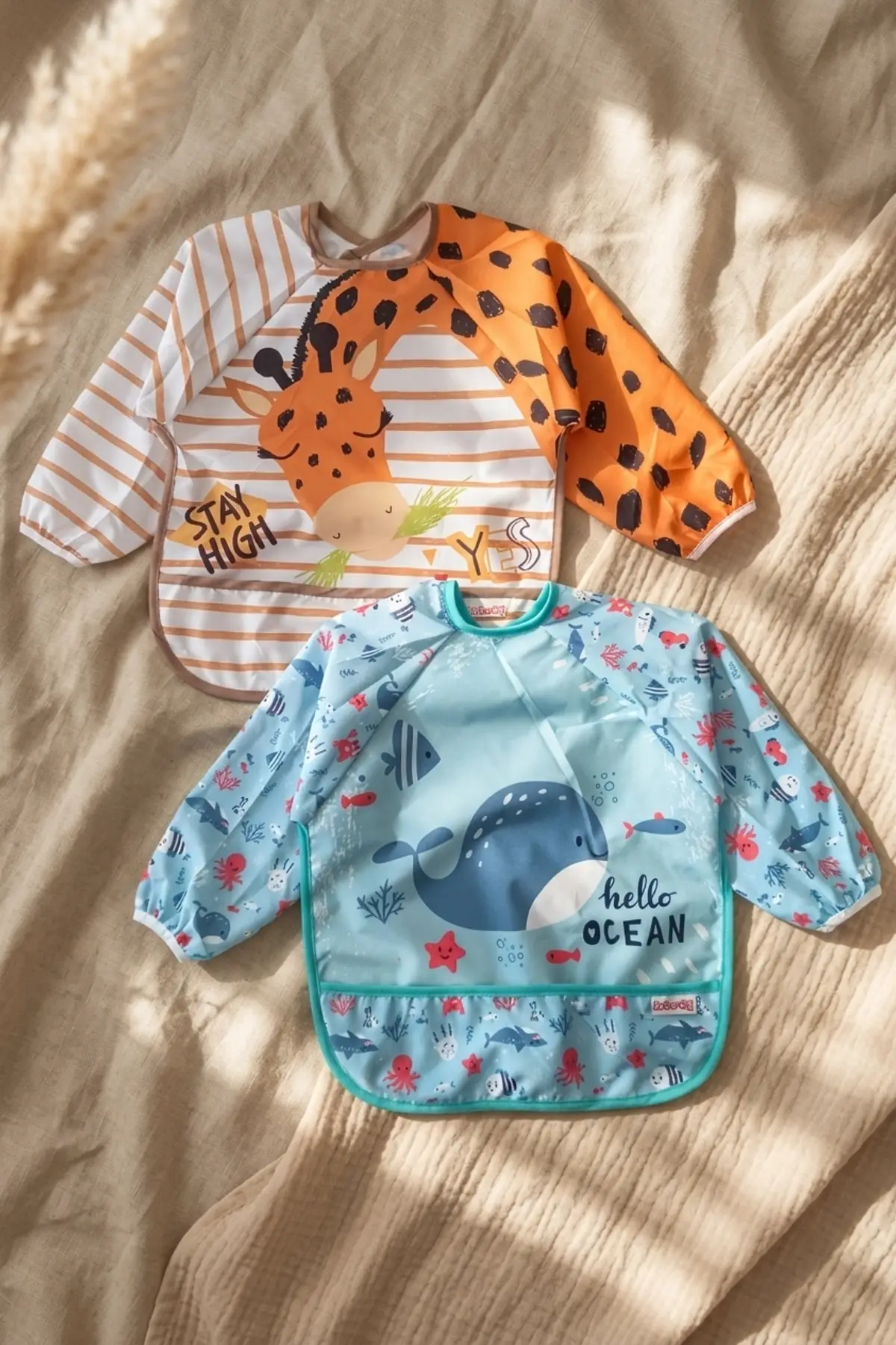 2li Paket Sıvı Geçirmez Uzun Kollu Çocuk Mama Önlüğü 6-24 Ay - Zürafa ve Balina Desenli Leke Tutmaz BLW Önlüğü