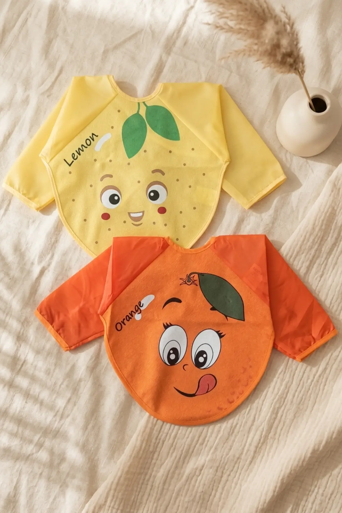 Sıvı Geçirmez Uzun Kollu Bebek Mama Önlüğü - 2li Set 6-24 Ay Limon ve Portakal Desenli BLW Uyumlu Yemek Önlüğü
