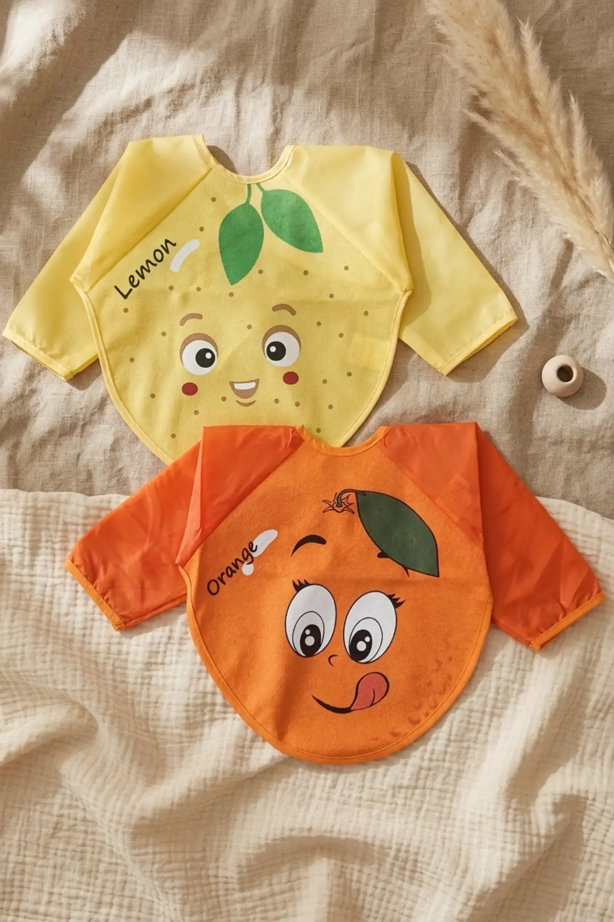 Sıvı Geçirmez Uzun Kollu Bebek Mama Önlüğü - 2li Set 6-24 Ay Limon ve Portakal Desenli BLW Uyumlu Yemek Önlüğü