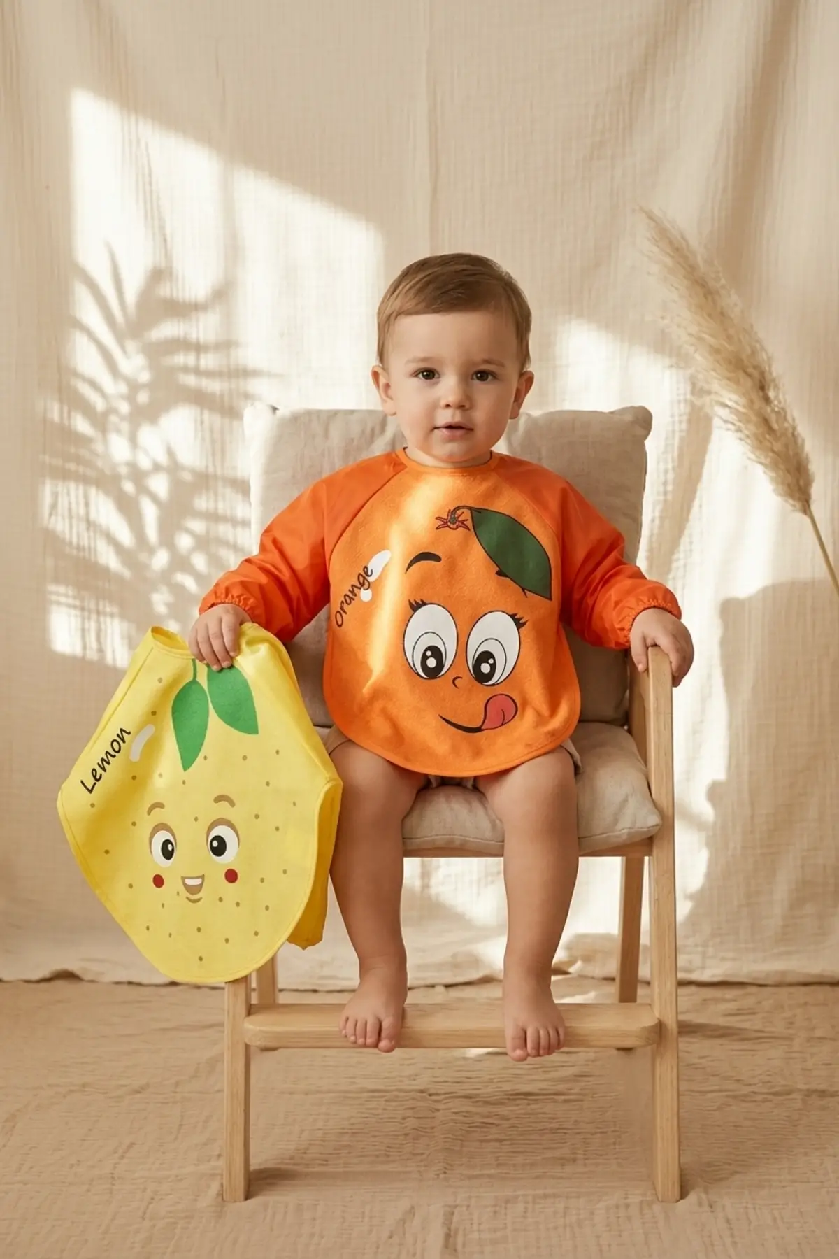 Sıvı Geçirmez Uzun Kollu Bebek Mama Önlüğü - 2li Set 6-24 Ay Limon ve Portakal Desenli BLW Uyumlu Yemek Önlüğü