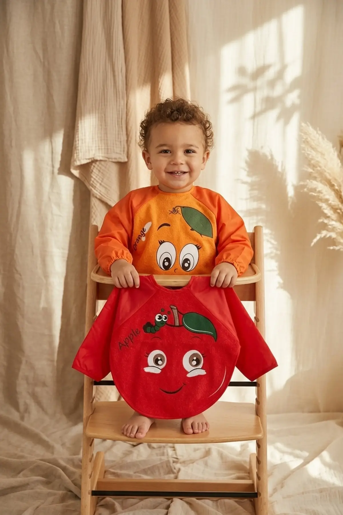 Sıvı Geçirmez Uzun Kollu Bebek Mama Önlüğü - 2li Set 6-24 Ay Elma ve Portakal Desenli BLW Uyumlu Yemek Önlüğü