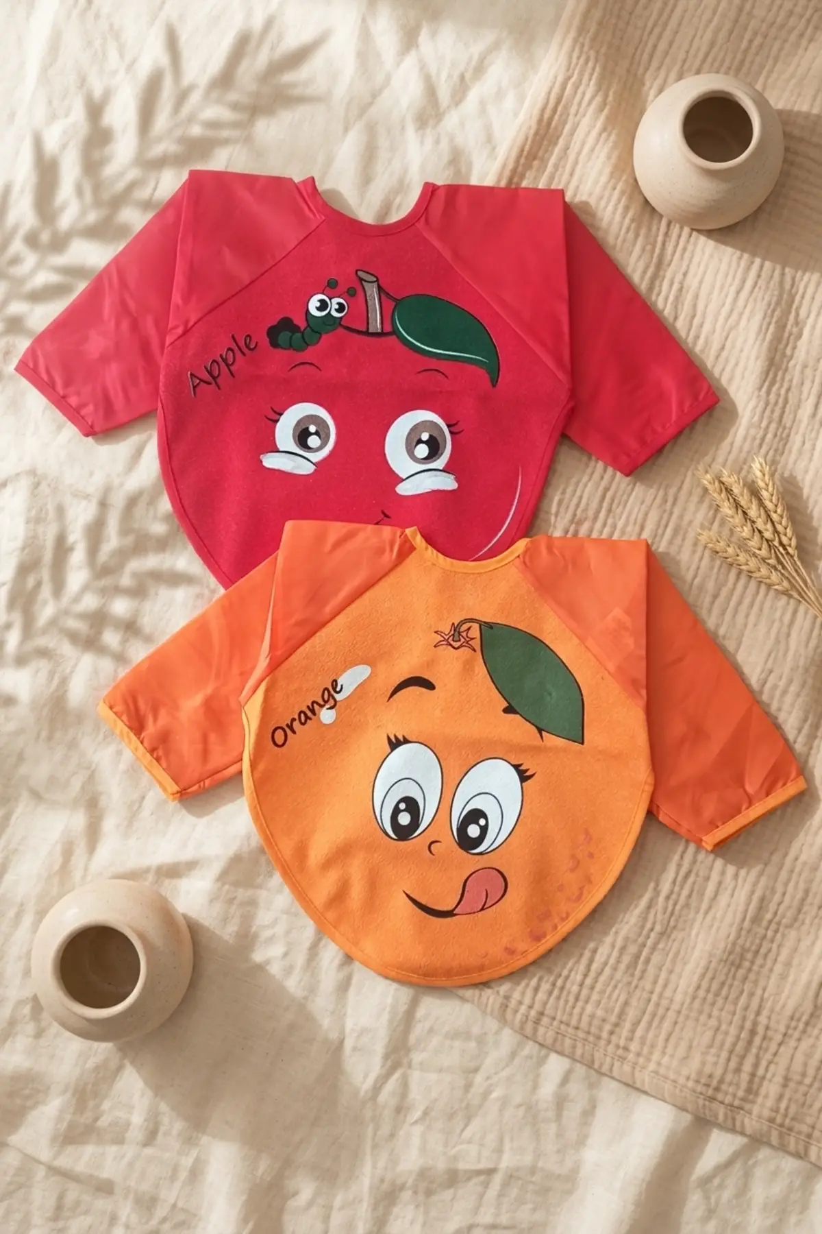 Sıvı Geçirmez Uzun Kollu Bebek Mama Önlüğü - 2li Set 6-24 Ay Elma ve Portakal Desenli BLW Uyumlu Yemek Önlüğü