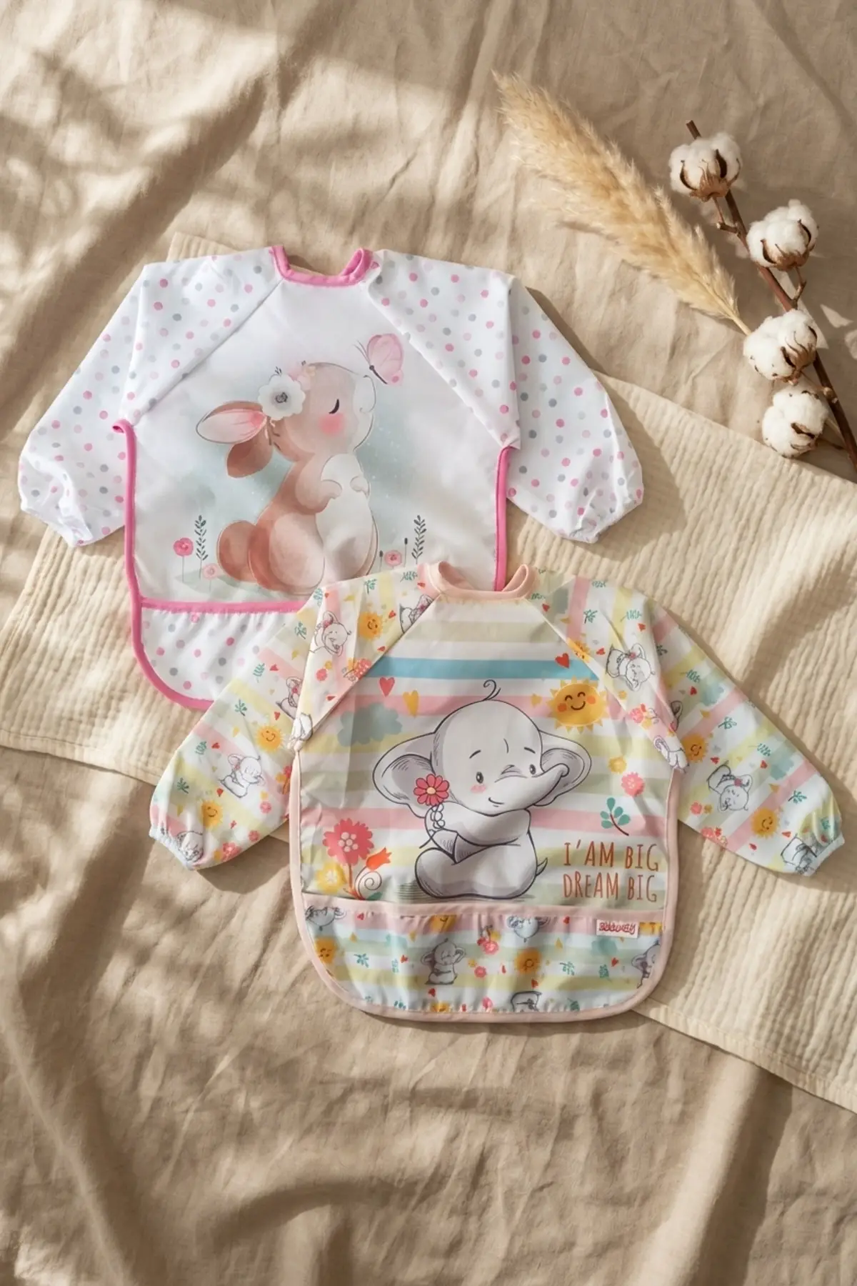 2li Sıvı Geçirmez Uzun Kollu Mama Önlüğü Seti 6-24 Ay - BLW Uyumlu, Kırıntı Cepli, Yumuşak Dokulu Tavşan ve Fil Figürlü Bebek Önlüğü
