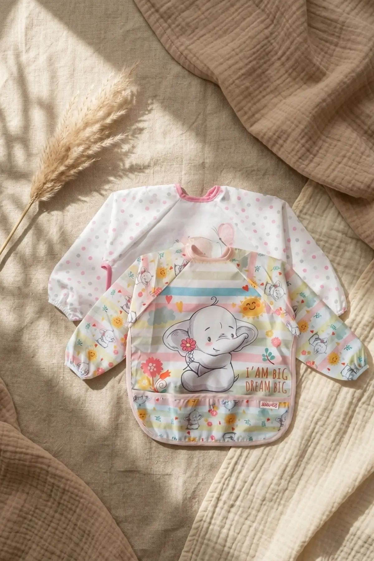 2li Sıvı Geçirmez Uzun Kollu Mama Önlüğü Seti 6-24 Ay - BLW Uyumlu, Kırıntı Cepli, Yumuşak Dokulu Tavşan ve Fil Figürlü Bebek Önlüğü