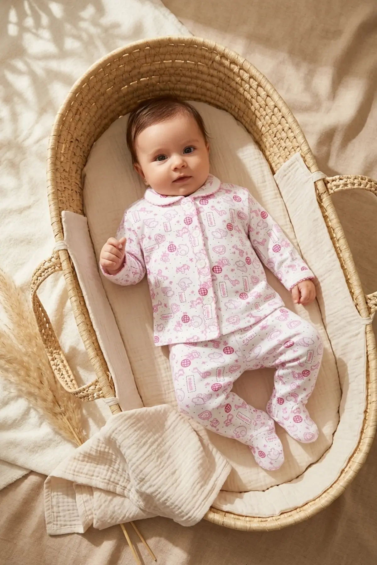 Mila Soft Safari Pembe Hayvan Figürlü %100 Pamuklu Patikli Bebek Pijama Takımı - Yumuşak Dokulu 2li Set