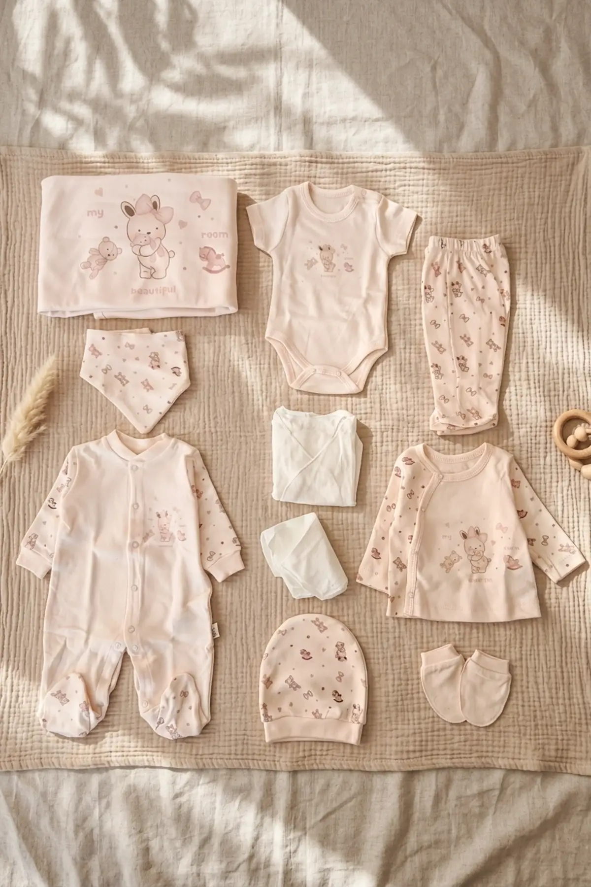Lüks Pamuklu Pudra Pembe Tavşan Nakışlı 10 Parça Kız Bebek Hastane Çıkışı Seti - Yenidoğan Zıbın ve Tulum Takımı