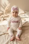 %100 Pamuklu Mia Love Kalp Desenli Fiyonk Detaylı 3lü Bebek Takımı - Ekru/Gül Kurusu 3-9 Ay