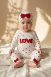 %100 Pamuklu Mia Love Kalp Desenli Fiyonk Detaylı 3lü Bebek Takımı - Kırmızı / Beyaz 3-9 Ay