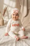 %100 Pamuklu Mia Love Kalp Desenli Fiyonk Detaylı 3lü Bebek Takımı - Somon /Beyaz 3-9 Ay