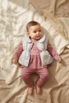 Mia Kız Bebek Pembe Çiçekli Şişme Yelekli Üçlü Kombin Takım - Pamuklu Tavşan Baskılı Tunik ve Fitilli Tayt Seti
