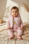 Kız Bebek Pembe Papatya Desenli 3lü Takım - Kapüşonlu Şişme Yelek, Sweatshirt ve Eşofman Altı Kombini