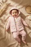 Kız Bebek Somon Papatya Desenli 3lü Takım - Kapüşonlu Şişme Yelek, Sweatshirt ve Eşofman Altı Kombini