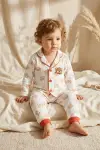 Milo Bear Bebek ve Çocuk Fitilli Pijama Takımı - Kırmızı Biyeli Ayıcık Baskılı Pamuklu Kaşkorse Takım