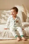 Milo Bear Bebek ve Çocuk Fitilli Pijama Takımı - Yeşil Biyeli Ayıcık Baskılı Pamuklu Kaşkorse Takım