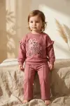 Kız Çocuk Kind Nature Baskılı Fırfır Detaylı Mürdüm Eşofman Takımı - Pamuklu Rahat Kesim İki İplik Set