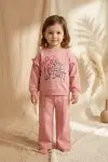 Kız Çocuk Kind Nature Baskılı Fırfır Detaylı Pembe Eşofman Takımı - Pamuklu Rahat Kesim İki İplik Set