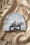 Teddy Charm Nakışlı ve Papyon Detaylı %100 Pamuklu Yumuşak Bebek Beresi - Gri Melanj Şık Bebek Aksesuarı