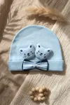 Teddy Charm Nakışlı ve Papyon Detaylı %100 Pamuklu Yumuşak Bebek Beresi - Mavi Melanj Şık Bebek Aksesuarı