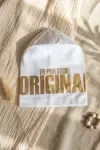 Nova Street Beyaz Pamuklu Bere - Gold Metalik Baskılı Hip-Hop Tarzı Unisex Modern Şapka 2-4 Yaş