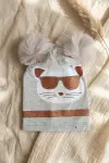 Mia Cool Cat Gri Sim Detaylı Çift Peluş 0-6 Ay Ponponlu Bebek ve Çocuk Beresi - Yumuşak Pamuklu Mevsimlik Şapka