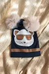 Mia Cool Cat Siyah Sim Detaylı Çift Peluş 0-6 Ay Ponponlu Bebek ve Çocuk Beresi - Yumuşak Pamuklu Mevsimlik Şapka