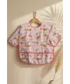 Pembe Ekoseli Tavşan Figürlü Uzun Kollu Bebek Mama Önlüğü - Su Geçirmez Sıvı Tutmaz Cepli BLW Önlüğü 6-24 Ay