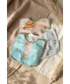 Little Gentleman Serisi 3lü Lüks Pamuklu Bebek Mama Önlüğü - Mint Yeşili ve Bej Ayıcık Desenli Sıvı Geçirmez Ayarlanabilir Çıtçıtlı Set 0-12 Ay