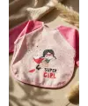 Super Girl Desenli Sıvı Geçirmez Uzun Kollu Bebek Mama ve Aktivite Önlüğü - Pembe Puantiyeli BLW Uyumlu 6-18 Ay