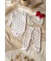 Amore Kalp %100 Pamuklu Ribana Kumaş Kalp Desenli 3lü Bebek Takımı - Zıbın, Pantolon ve Fiyonklu Bere Seti