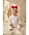 Amore Kalp %100 Pamuklu Ribana Kumaş Kalp Desenli 3lü Bebek Takımı - Zıbın, Pantolon ve Fiyonklu Bere Seti