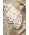 Amore Kalp %100 Pamuklu Ribana Kumaş Kalp Desenli 3lü Bebek Takımı - Zıbın, Pantolon ve Fiyonklu Bere Seti