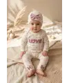 %100 Pamuklu Mia Love Kalp Desenli Fiyonk Detaylı 3lü Bebek Takımı - Ekru/Gül Kurusu 3-9 Ay