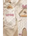 %100 Pamuklu Mia Love Kalp Desenli Fiyonk Detaylı 3lü Bebek Takımı - Ekru/Gül Kurusu 3-9 Ay