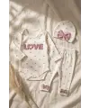 %100 Pamuklu Mia Love Kalp Desenli Fiyonk Detaylı 3lü Bebek Takımı - Ekru/Gül Kurusu 3-9 Ay
