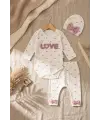 %100 Pamuklu Mia Love Kalp Desenli Fiyonk Detaylı 3lü Bebek Takımı - Ekru/Gül Kurusu 3-9 Ay