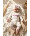 %100 Pamuklu Mia Love Kalp Desenli Fiyonk Detaylı 3lü Bebek Takımı - Ekru/Gül Kurusu 3-9 Ay
