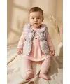Mia Kız Bebek Pembe Çiçekli Şişme Yelekli Üçlü Kombin Takım - Pamuklu Tavşan Baskılı Tunik ve Fitilli Tayt Seti