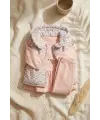 Mia Kız Bebek Pembe Çiçekli Şişme Yelekli Üçlü Kombin Takım - Pamuklu Tavşan Baskılı Tunik ve Fitilli Tayt Seti