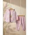 Kız Bebek Pembe Papatya Desenli 3lü Takım - Kapüşonlu Şişme Yelek, Sweatshirt ve Eşofman Altı Kombini