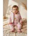 Kız Bebek Pembe Papatya Desenli 3lü Takım - Kapüşonlu Şişme Yelek, Sweatshirt ve Eşofman Altı Kombini