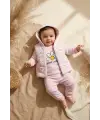 Kız Bebek Pembe Papatya Desenli 3lü Takım - Kapüşonlu Şişme Yelek, Sweatshirt ve Eşofman Altı Kombini
